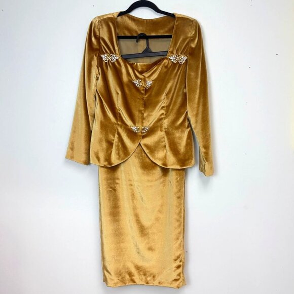Women’s Gold 2-Piece Velvet Jacket and Skirt Set W/Brooch-Like Embellishments - Picture 1 of 10